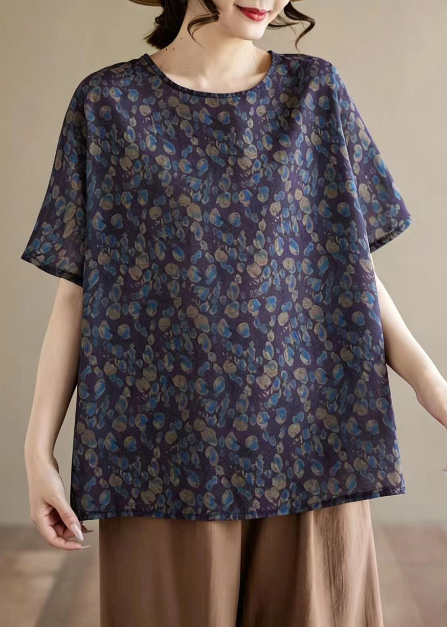 Vintage Purple O-Neck Print Shirt Top Summer