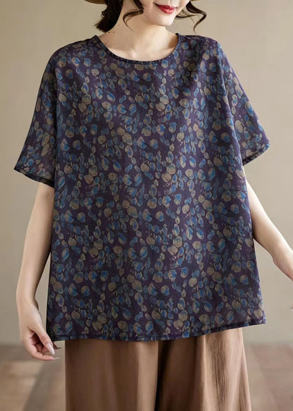 Vintage Purple O-Neck Print Shirt Top Summer