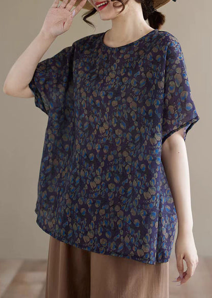 Vintage Purple O-Neck Print Shirt Top Summer