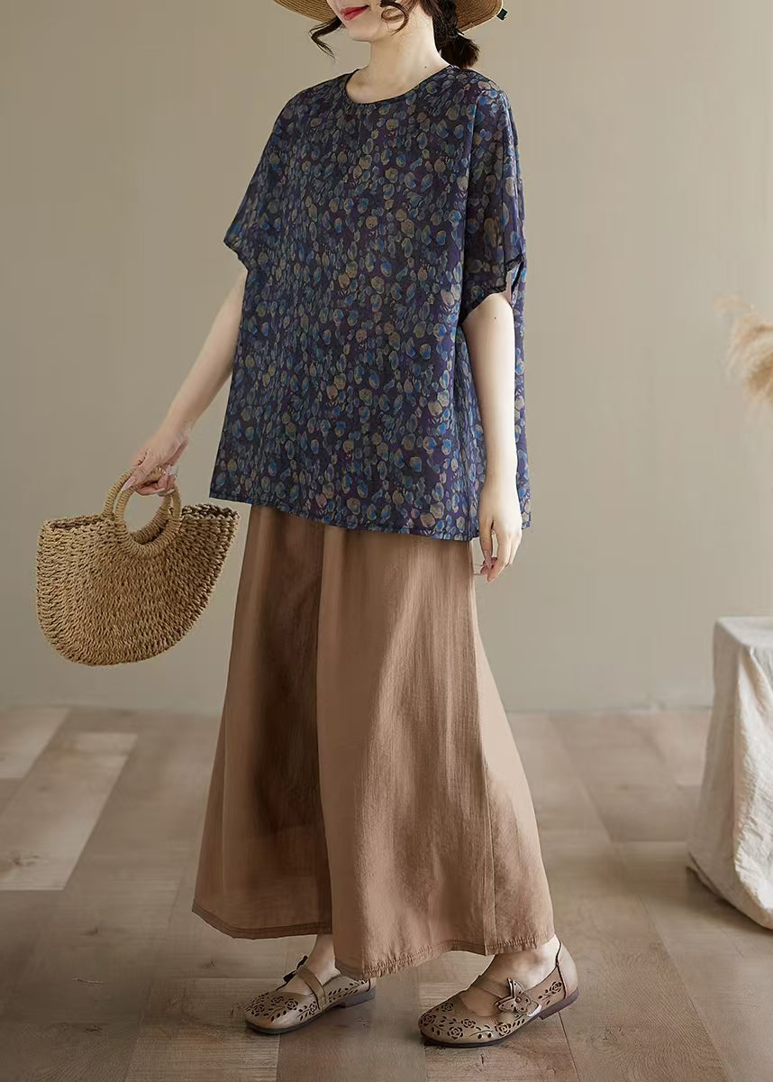 Vintage Purple O-Neck Print Shirt Top Summer