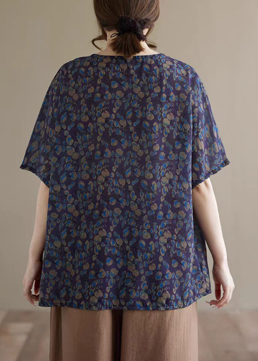 Vintage Purple O-Neck Print Shirt Top Summer