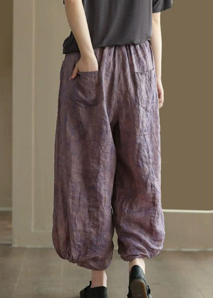 Vintage Purple Pockets Elastic Waist Linen Lantern Pants Summer