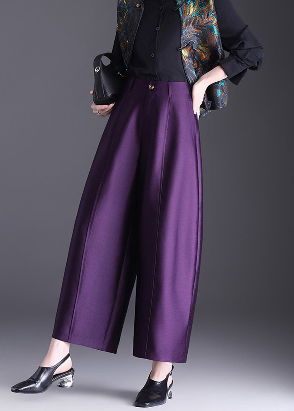 Vintage Purple Pockets High Waist Wide Leg Crop Pants Fall