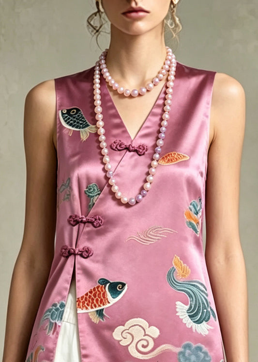 Vintage Purple Print Side Open Silk Oriental Tops Sleeveless