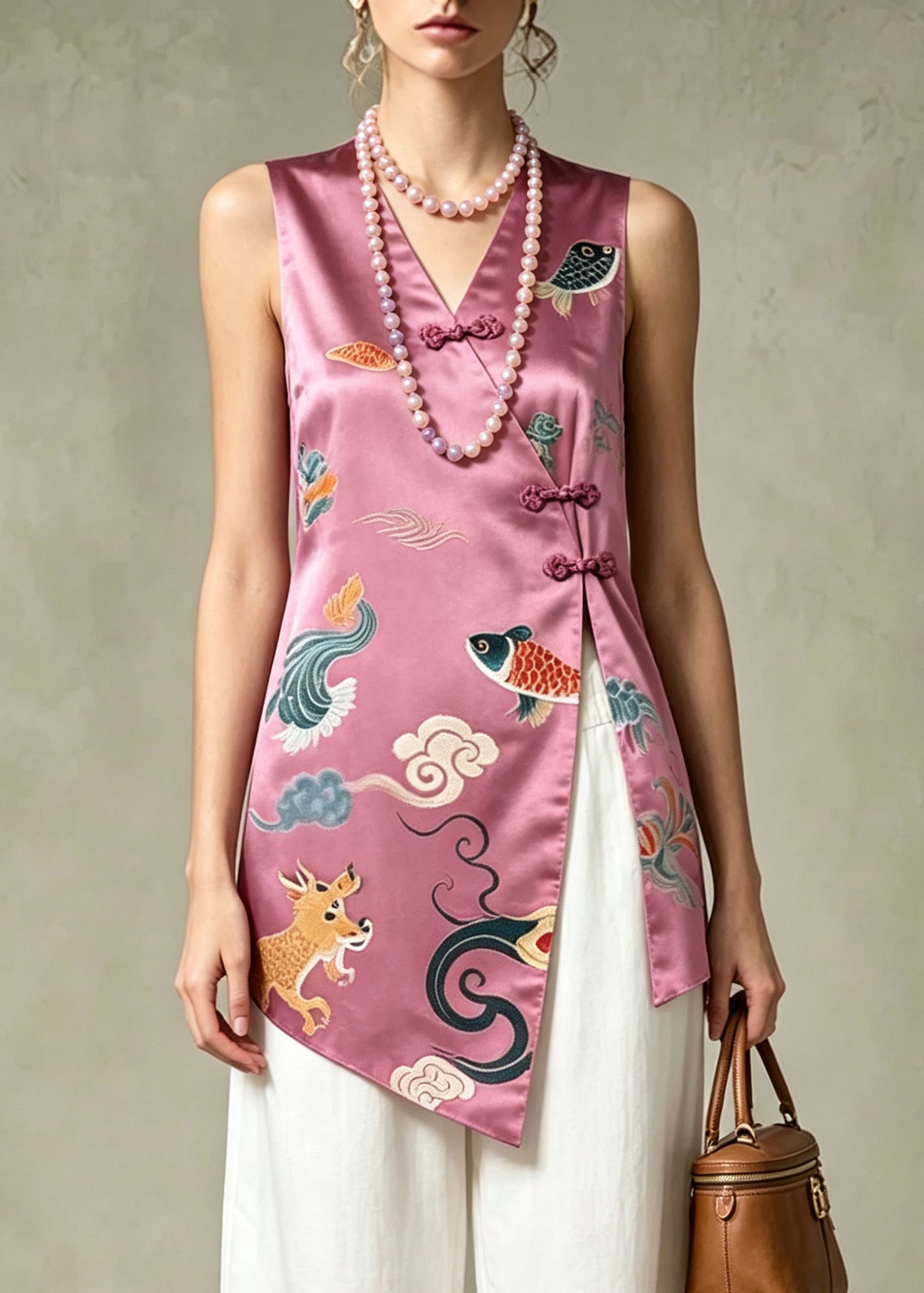 Vintage Purple Print Side Open Silk Oriental Tops Sleeveless