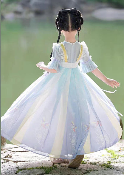 Vintage Purple Ruffled Embroideried Patchwork Chiffon Kids Girls Dress Summer