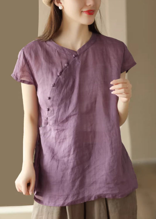Vintage Purple Stand Collar Button Linen Shirts Summer