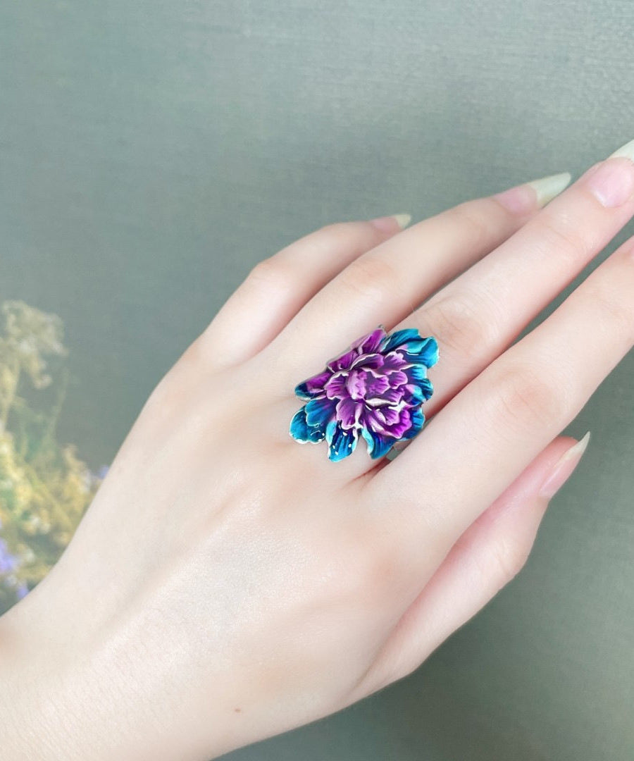 Vintage Purple Sterling Silver Cloisonne Peony Rings