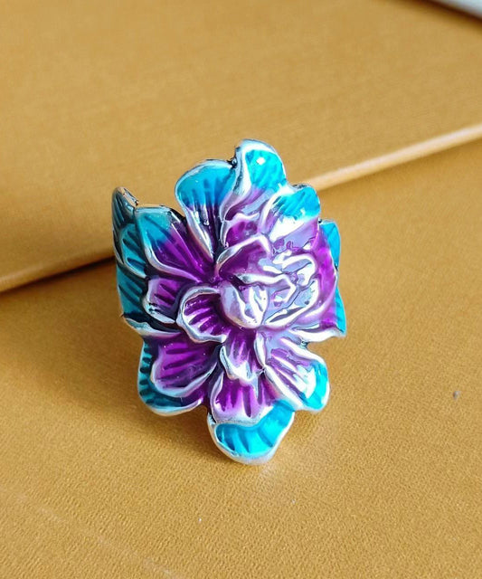 Vintage Purple Sterling Silver Cloisonne Peony Rings