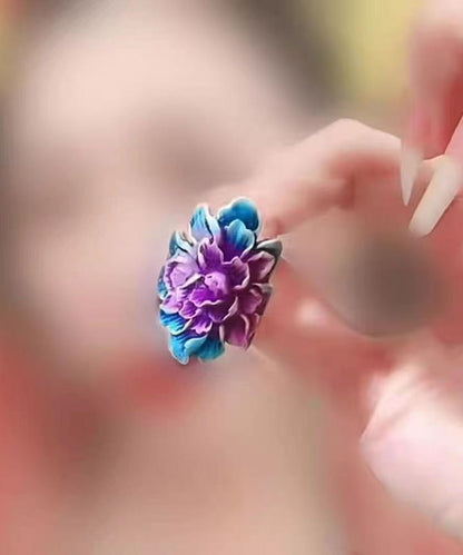 Vintage Purple Sterling Silver Cloisonne Peony Rings