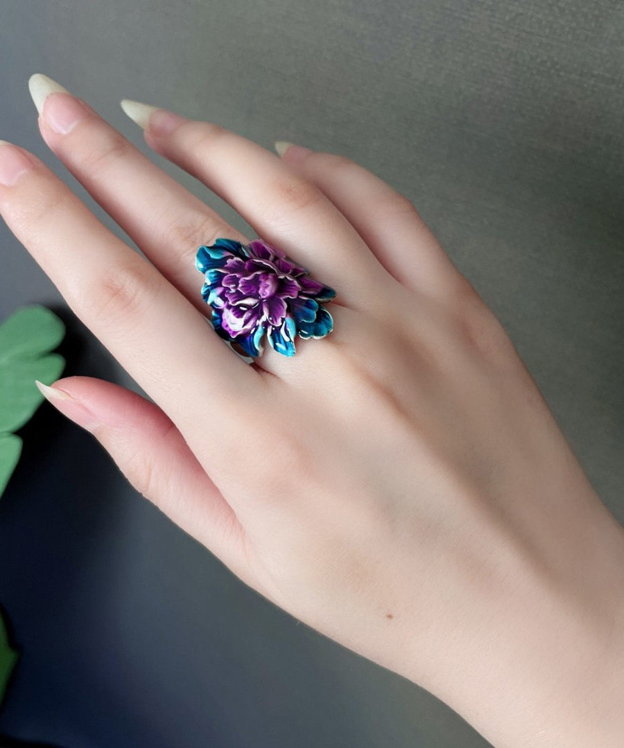 Vintage Purple Sterling Silver Cloisonne Peony Rings