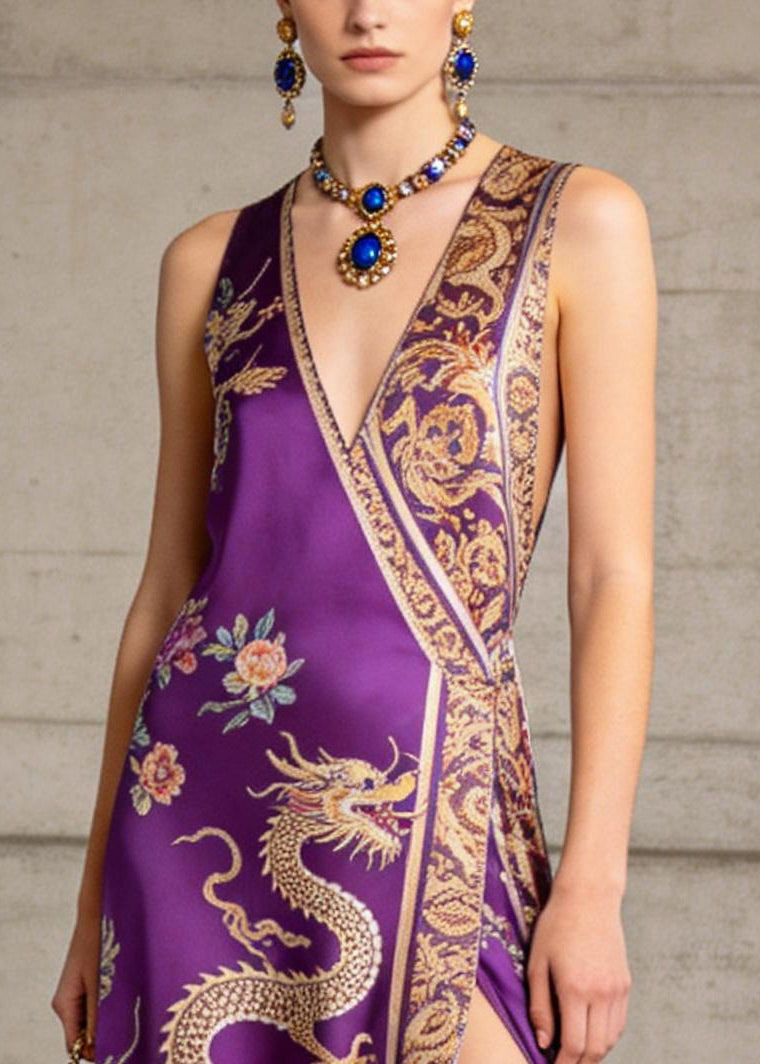 Vintage Purple Tasseled Side Open Silk Maxi Dress Summer
