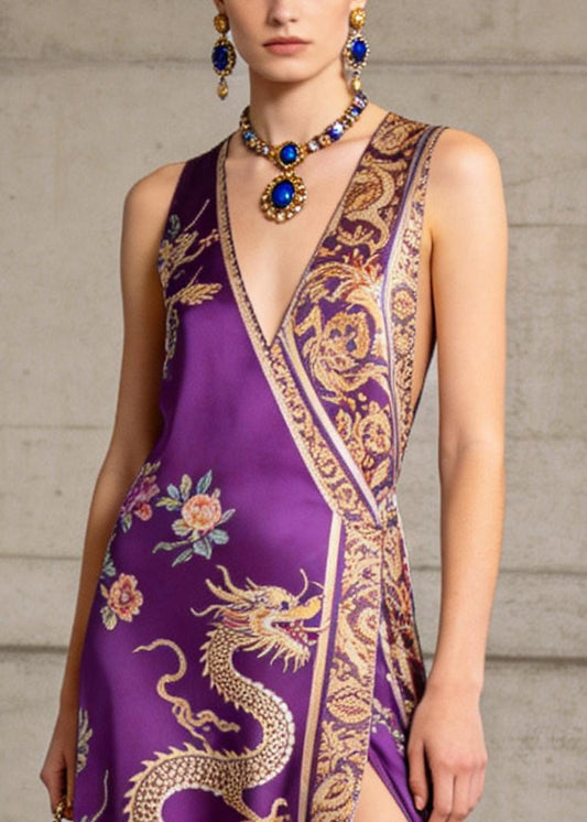 Vintage Purple Tasseled Side Open Silk Maxi Dress Summer