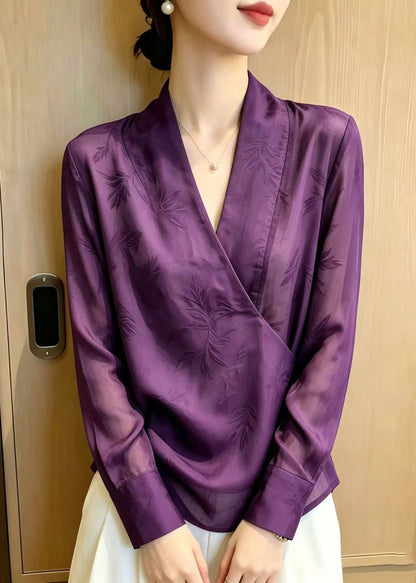 Vintage Purple V Neck Jacquard Chiffon Shirts Summer