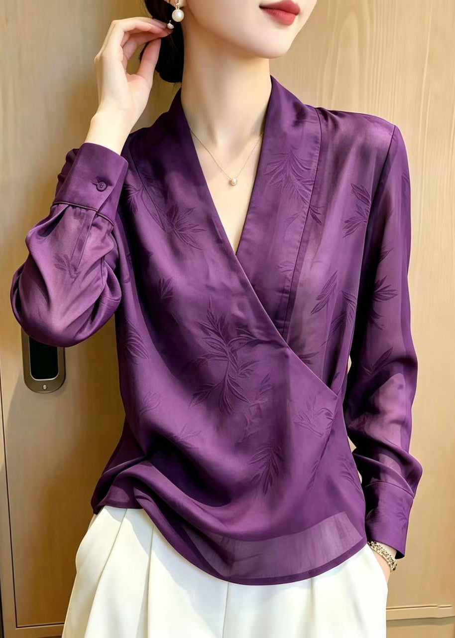 Vintage Purple V Neck Jacquard Chiffon Shirts Summer