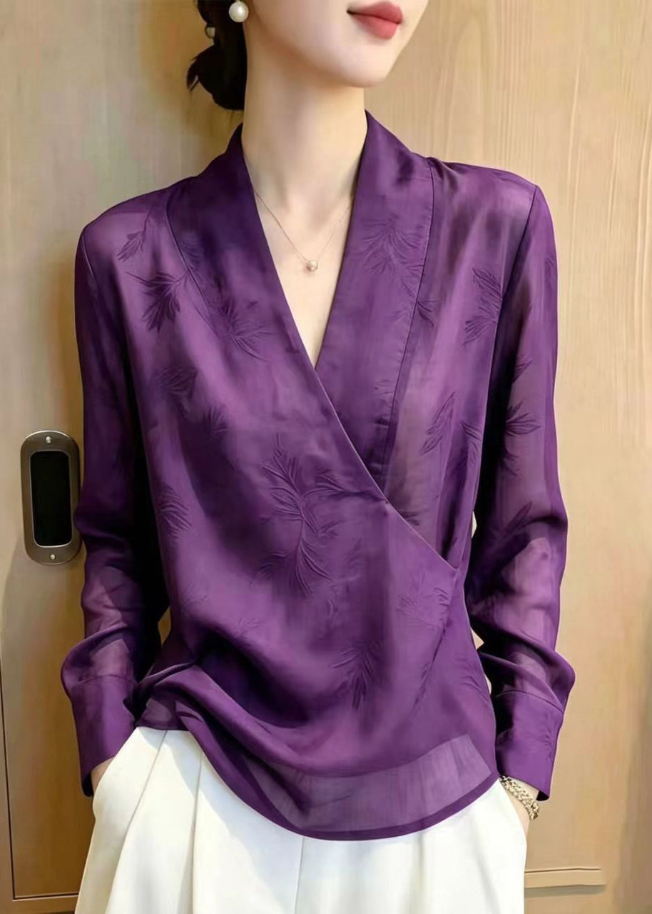 Vintage Purple V Neck Jacquard Chiffon Shirts Summer