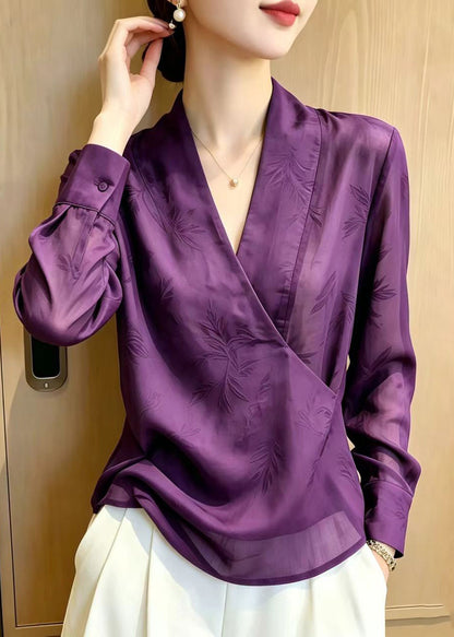 Vintage Purple V Neck Jacquard Chiffon Shirts Summer
