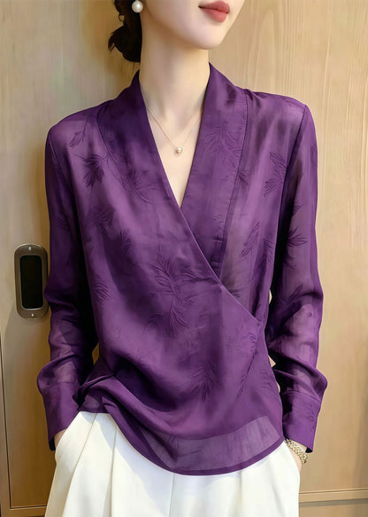 Vintage Purple V Neck Jacquard Chiffon Shirts Summer