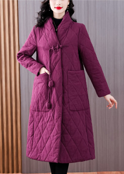 Vintage Purple V Neck Pockets Chinese Button Fine Cotton Filled Coat Winter
