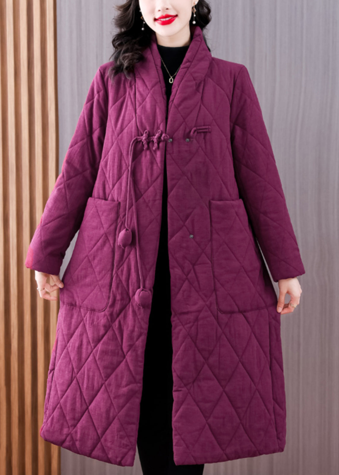 Vintage Purple V Neck Pockets Chinese Button Fine Cotton Filled Coat Winter