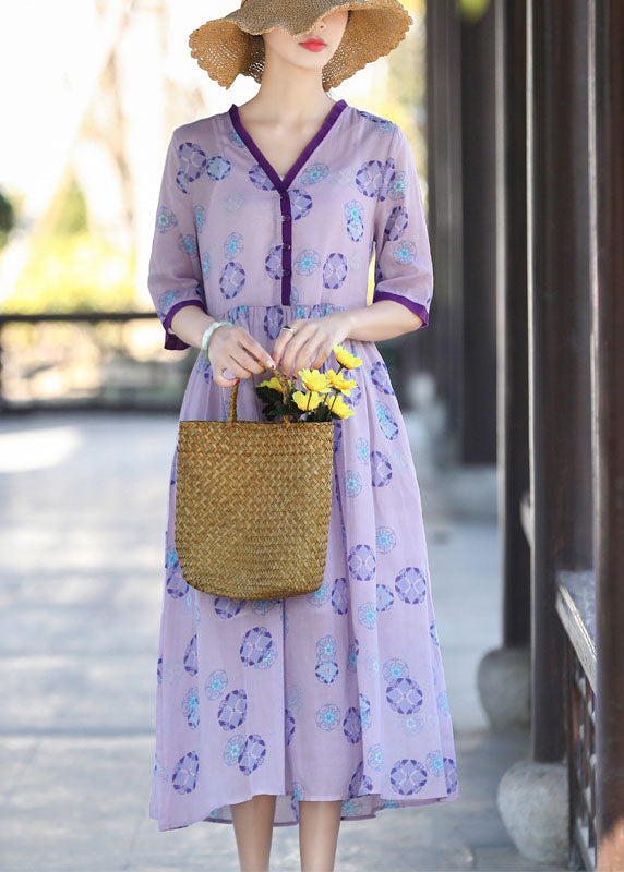 Vintage Purple V Neck Print Patchwork Wrinkled Cotton Dress Two Pieces Set Summer