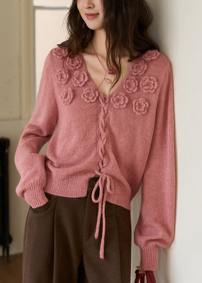 Vintage Raspberry Pink V Neck Rose Drawstring Cotton Knit Sweaters Spring