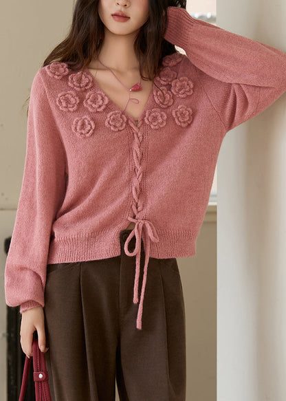 Vintage Raspberry Pink V Neck Rose Drawstring Cotton Knit Sweaters Spring