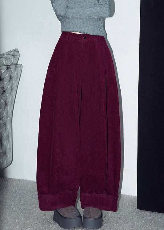 Vintage Red Button Solid Warm Fleece Corduroy Wide Leg Pants Winter