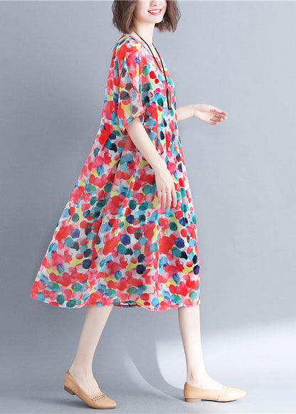 Vintage Red Chiffon Dotted Robe Dresses Short Sleeve - SooLinen