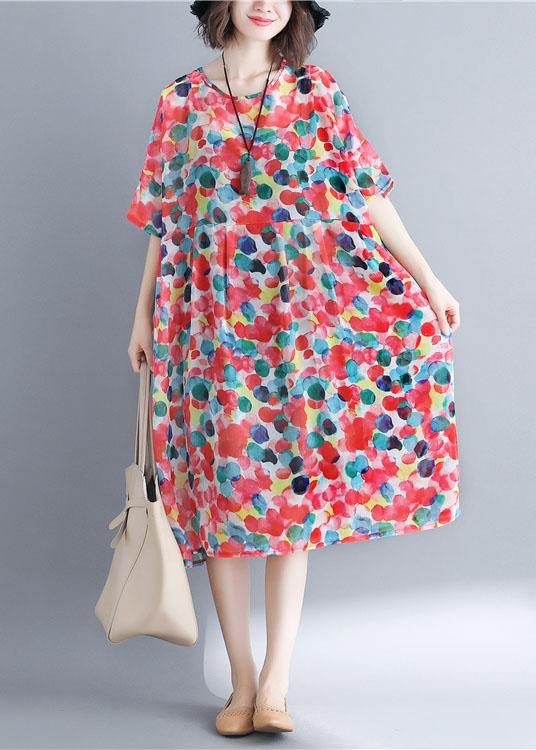 Vintage Red Chiffon Dotted Robe Dresses Short Sleeve - SooLinen