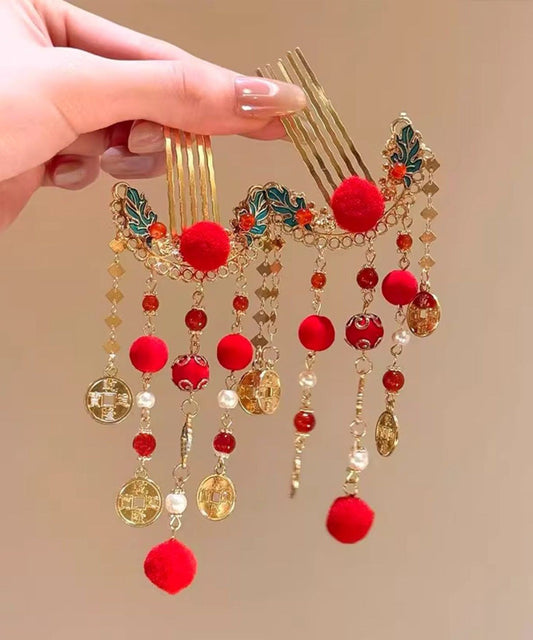 Vintage Red Copper Alloy Fuzzy Ball Decorated Tassel A Pair Hairpin