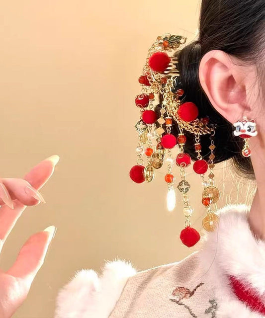 Vintage Red Copper Alloy Fuzzy Ball Decorated Tassel A Pair Hairpin