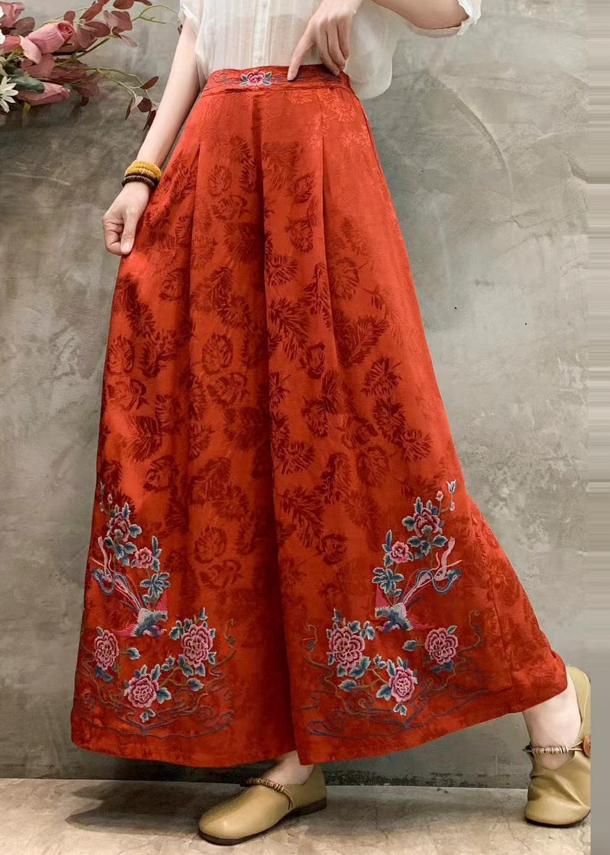 Vintage Red Embroidered Draping Silk Pants Spring