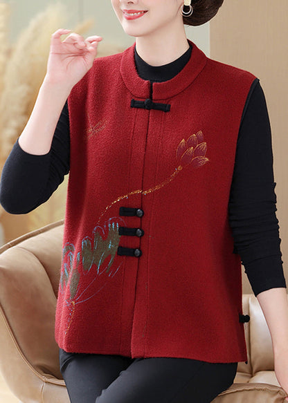 Vintage Red Embroidered Floral Knit Waistcoat Sleeveless