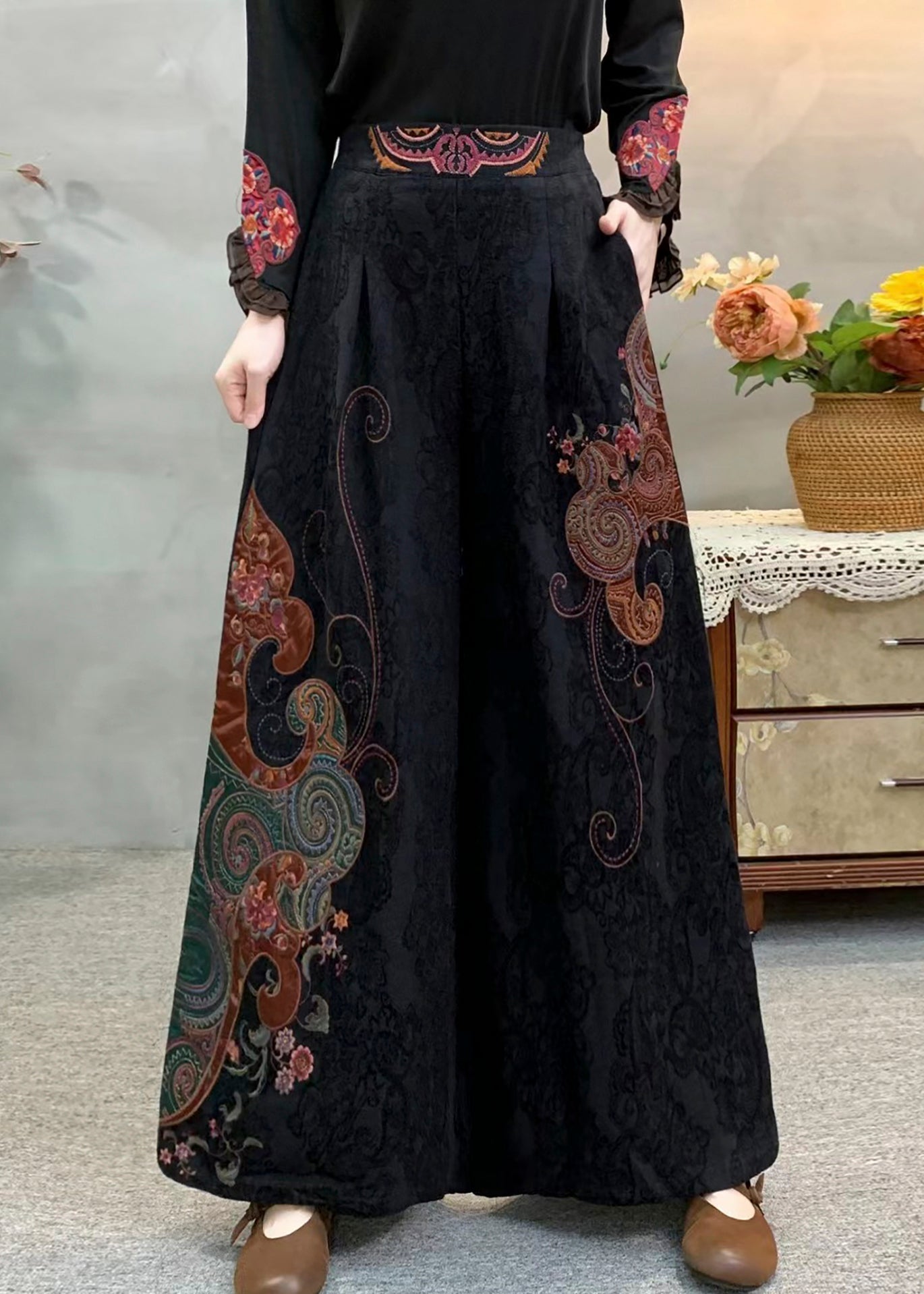 Vintage Red Embroidered Pockets Warm Fleece Pants Winter