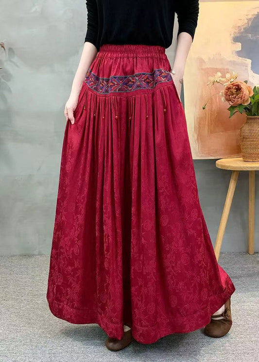 Vintage Red Embroidered Wrinkled Pockets Jacquard Silk Skirt Fall