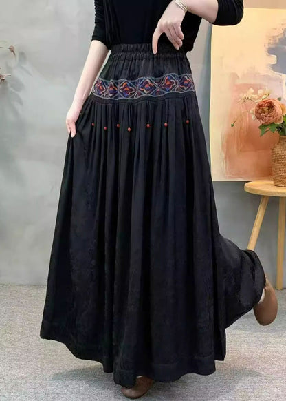 Vintage Red Embroidered Wrinkled Pockets Jacquard Silk Skirt Fall