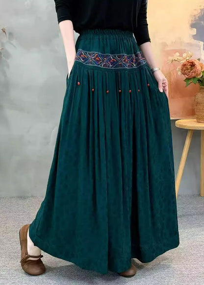 Vintage Red Embroidered Wrinkled Pockets Jacquard Silk Skirt Fall