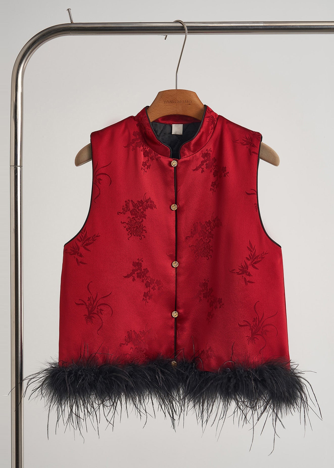 Vintage Red Jacquard Patchwork Feather Silk Vests Fall