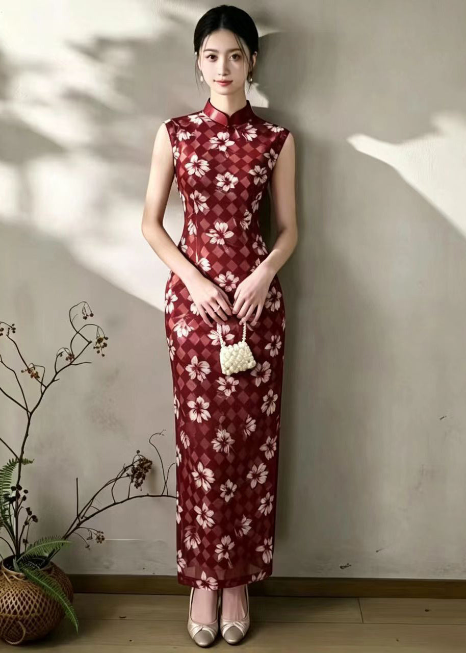 Vintage Red Mandarin Collar Cheongsam Dress Sleeveless