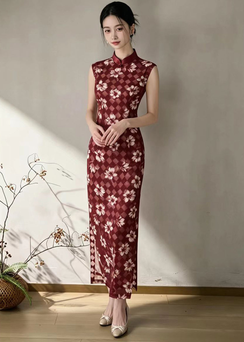 Vintage Red Mandarin Collar Cheongsam Dress Sleeveless