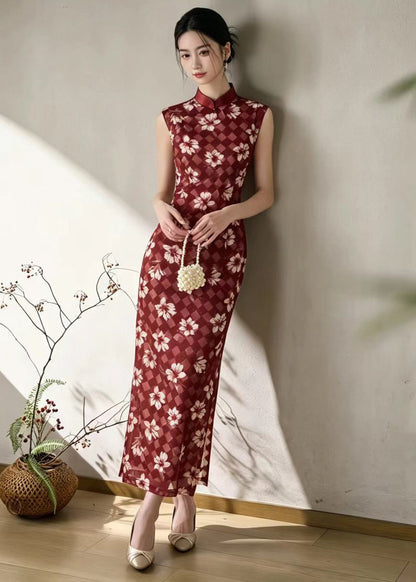 Vintage Red Mandarin Collar Cheongsam Dress Sleeveless