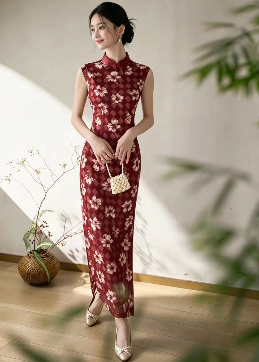 Vintage Red Mandarin Collar Cheongsam Dress Sleeveless