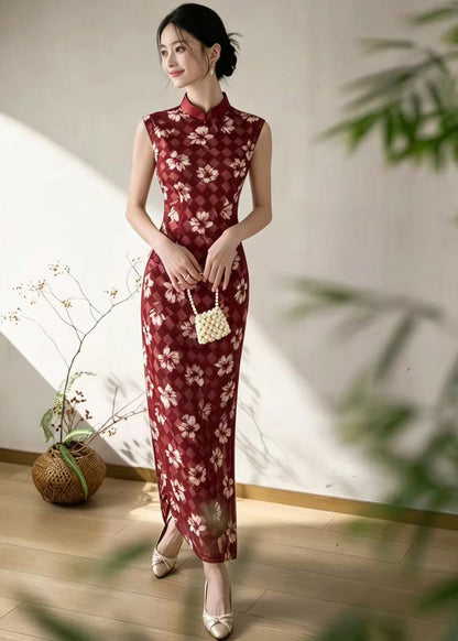 Vintage Red Mandarin Collar Cheongsam Dress Sleeveless