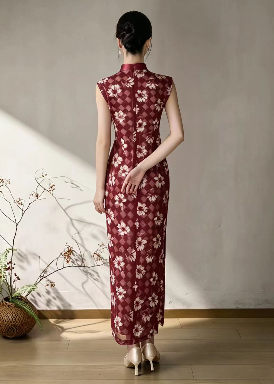 Vintage Red Mandarin Collar Cheongsam Dress Sleeveless