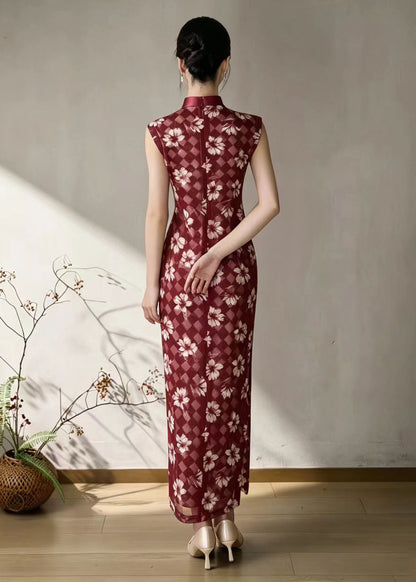 Vintage Red Mandarin Collar Cheongsam Dress Sleeveless