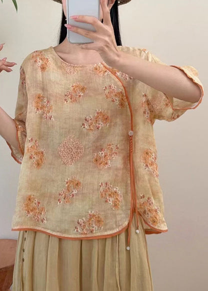 Vintage Red O Neck Embroidered Linen Blouse Tops Summer