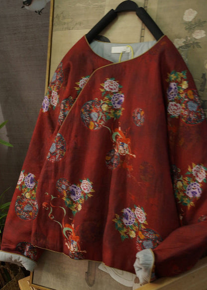 Vintage Red O Neck Print Fine Cotton Filled Top Winter