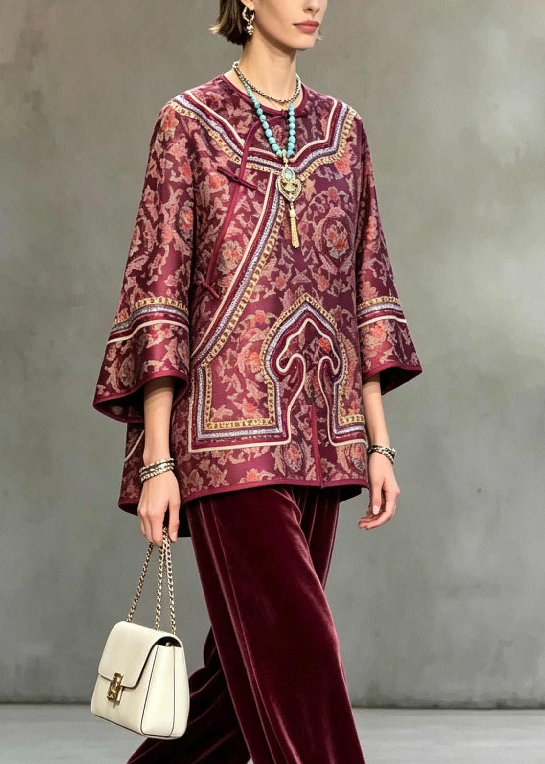 Vintage Red O Neck Print Oriental Button Silk Shirt Top Fall
