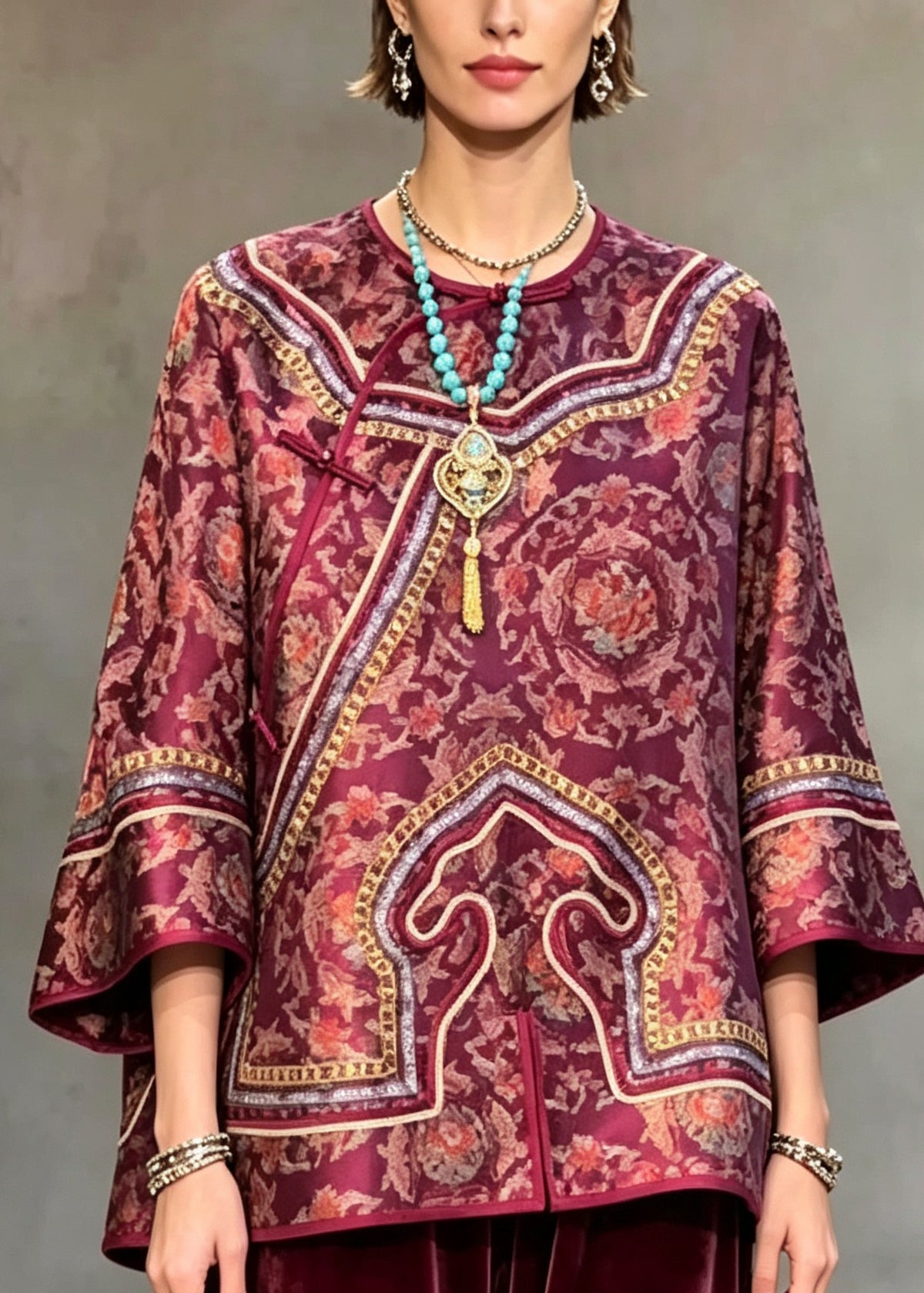 Vintage Red O Neck Print Oriental Button Silk Shirt Top Fall